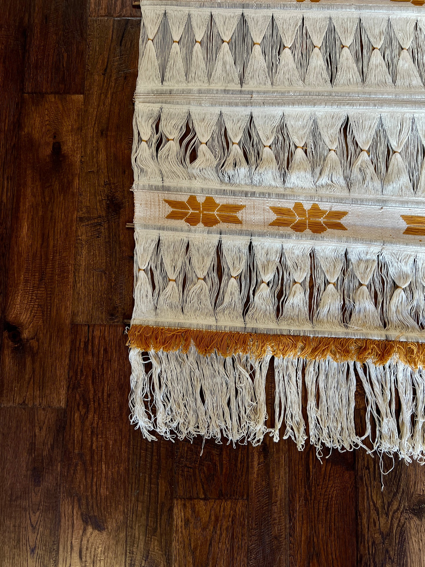 Vintage Colombian Woven Wall Hanging - 1970s Boho Tapestry - Cream and Gold