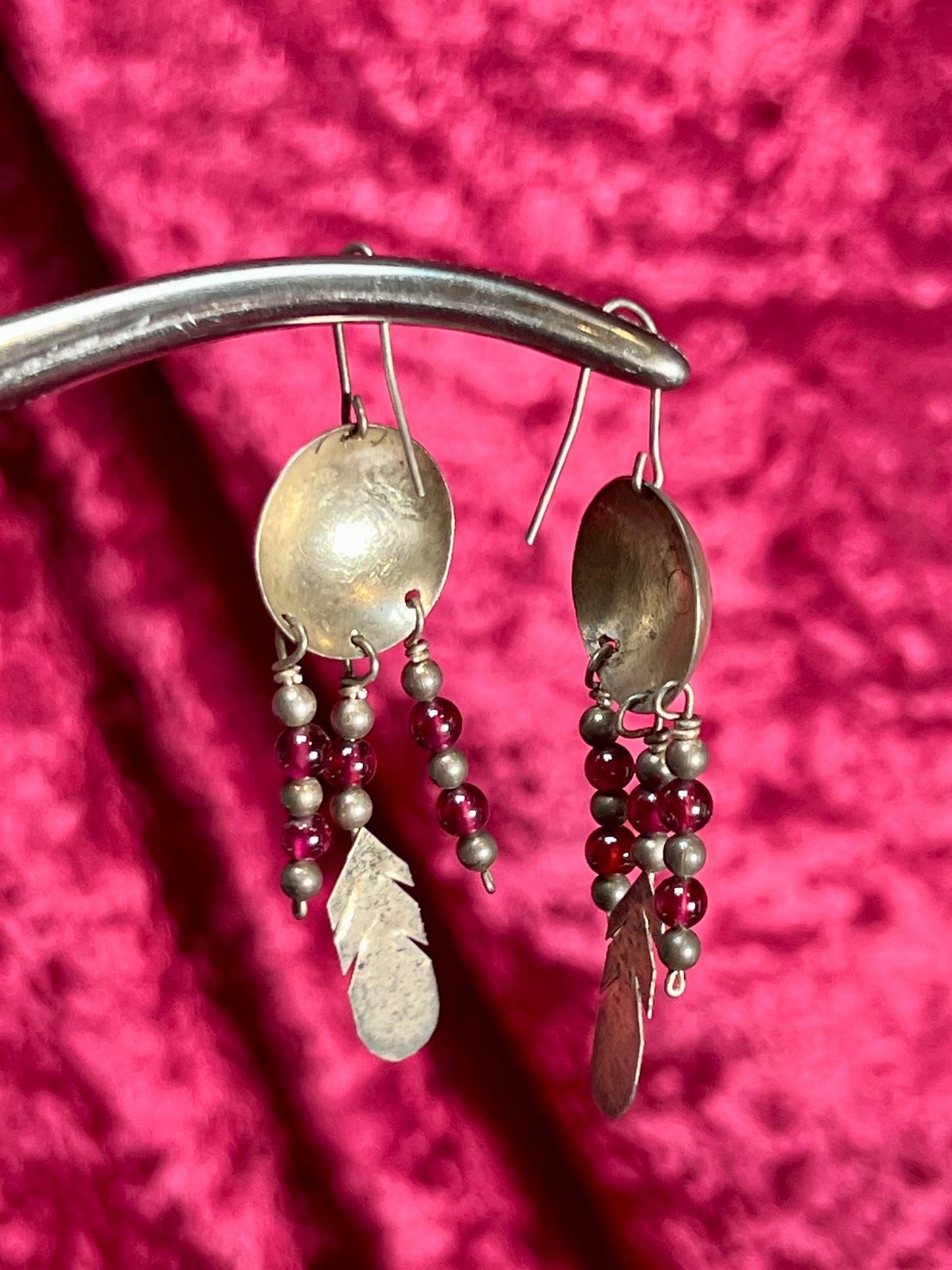 Vintage Jewelry - Dangle / Drop Earrings - Sterling Silver - Conchos with Red Beads and Feathers