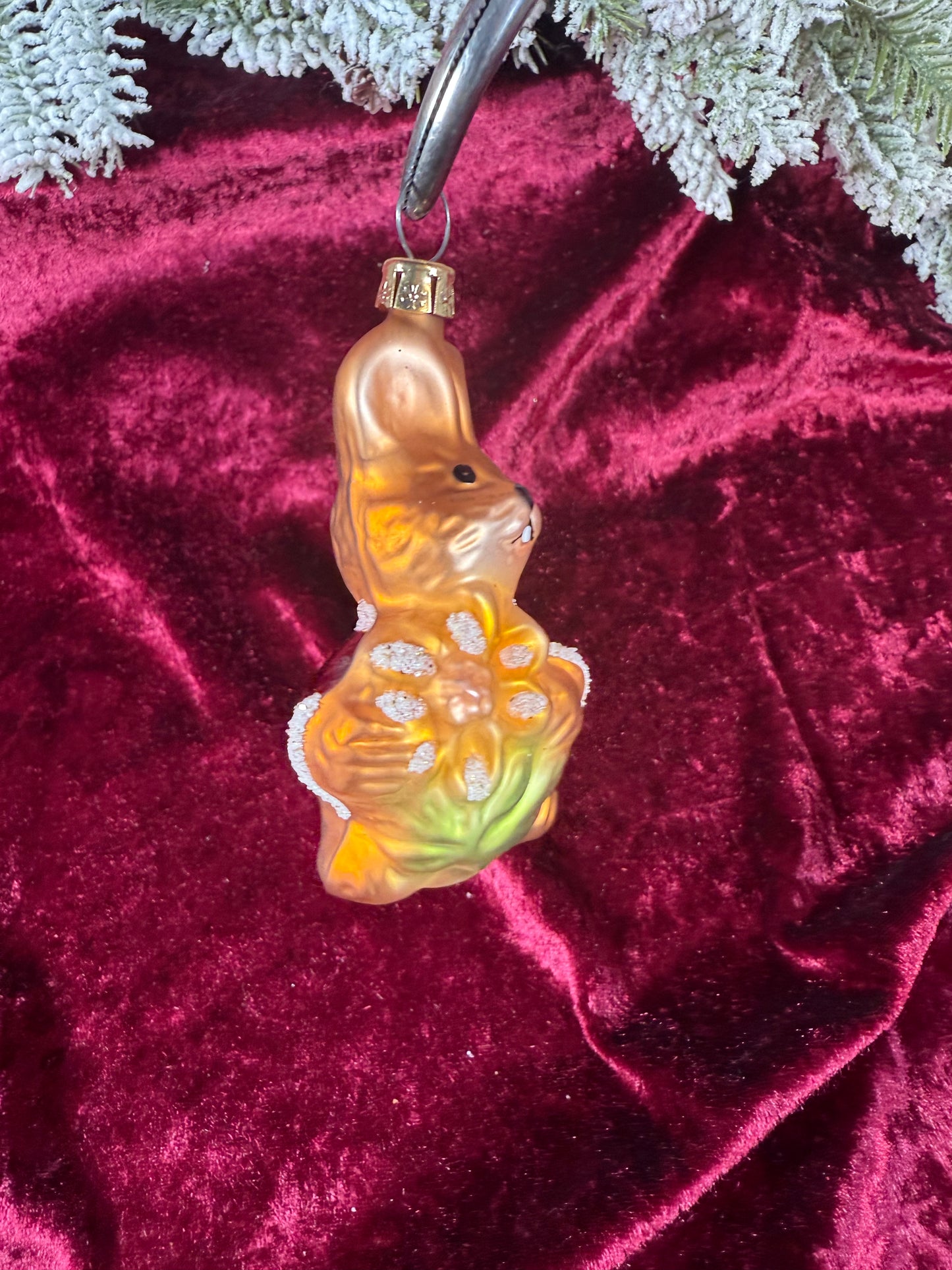 Vintage Christmas - Handblown Glass Ornament - Santa Bunny Holding A Flower - Czech Republic