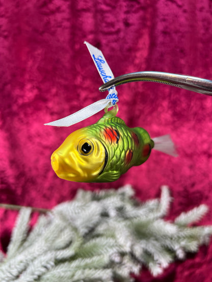 Vintage Christmas - Handblown Glass Ornament - Green Fish - Lauscha - Made In Germany