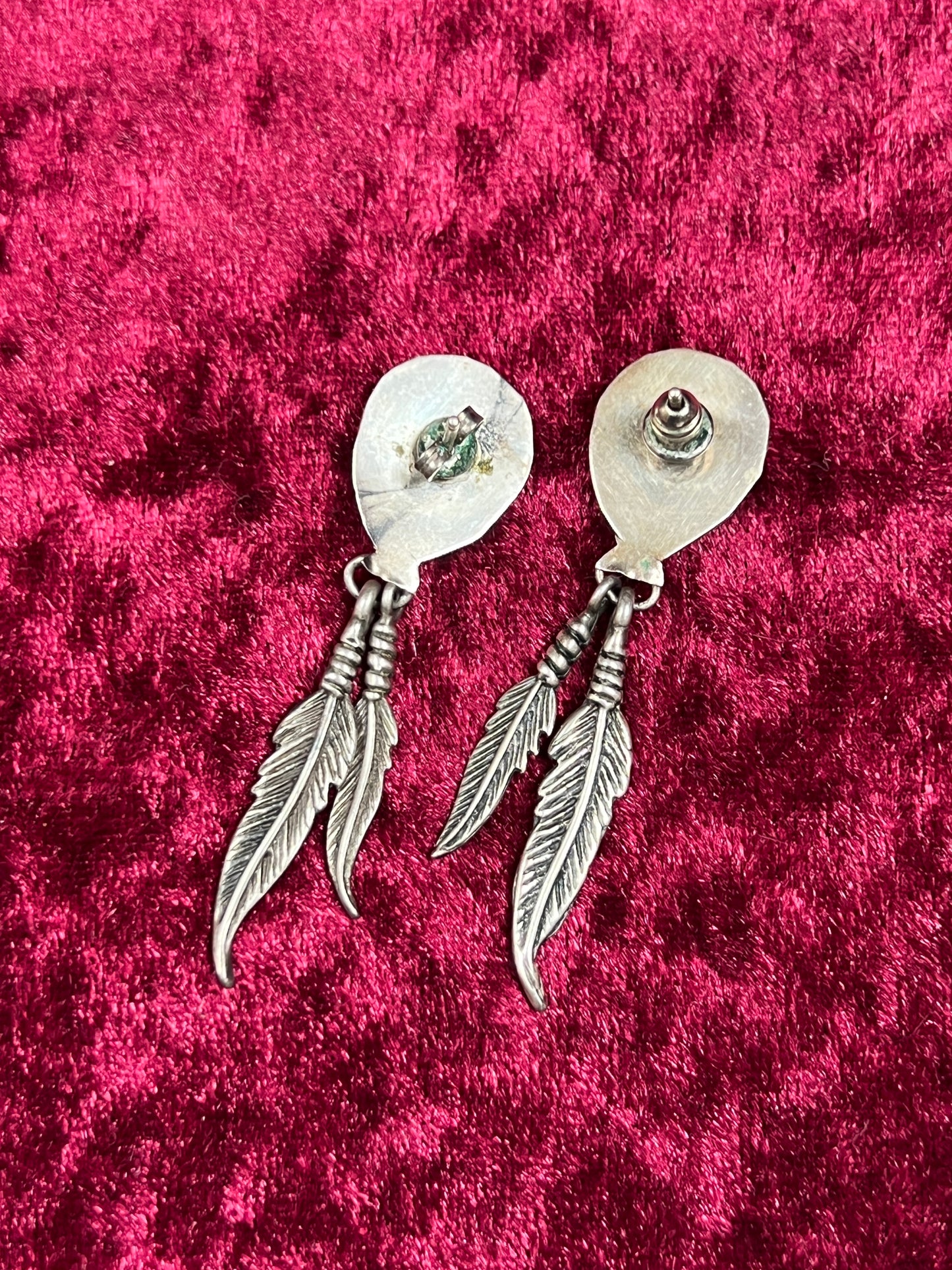 Vintage Jewelry - Sterling Silver Earrings - Navajo Turquoise Bear Claw with Dangling Feathers