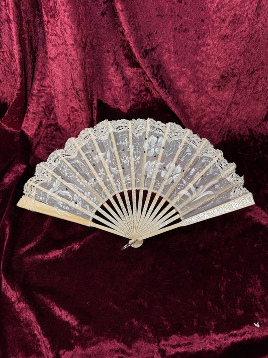 Antique Art Nouveau Handheld Fan with Lace Trim – Hand Painted Floral Design with Sequin Detail