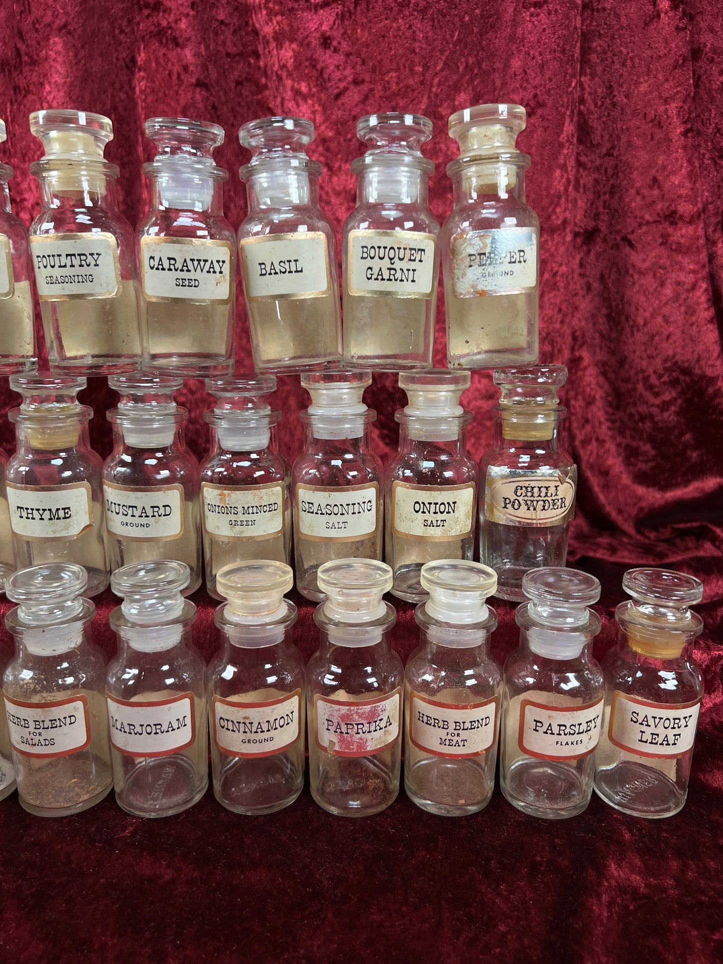 Vintage Glass Apothecary Style Spice Jar Set with Original Labels - Kitchen Collection Set