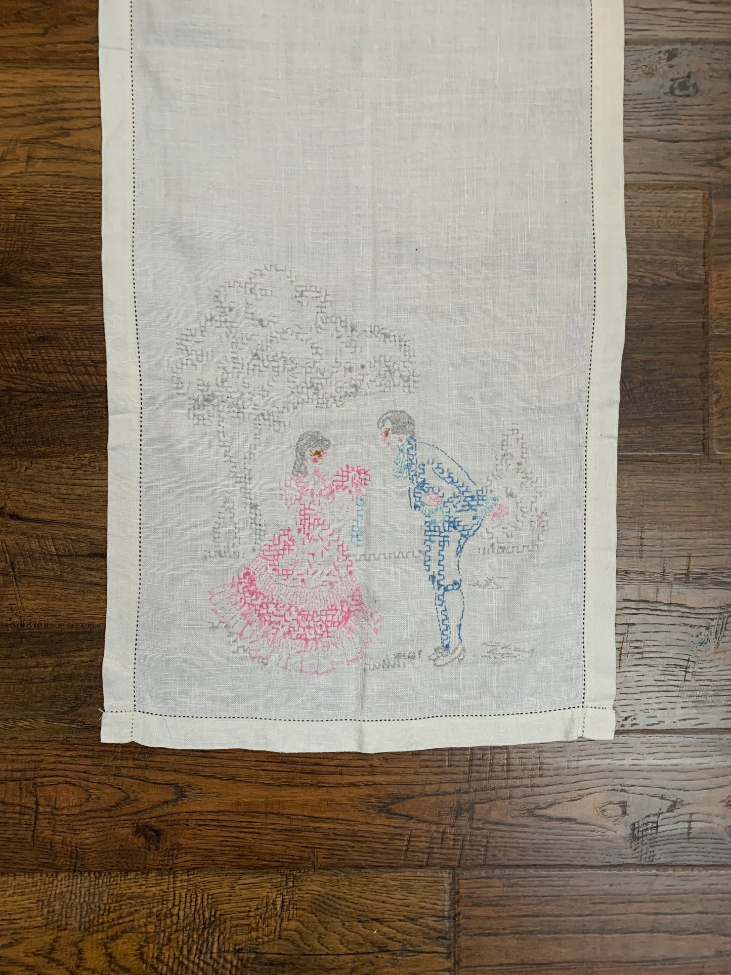 Vintage Cross Stitch Embroidered Table Runner - Courting Lord & Lady