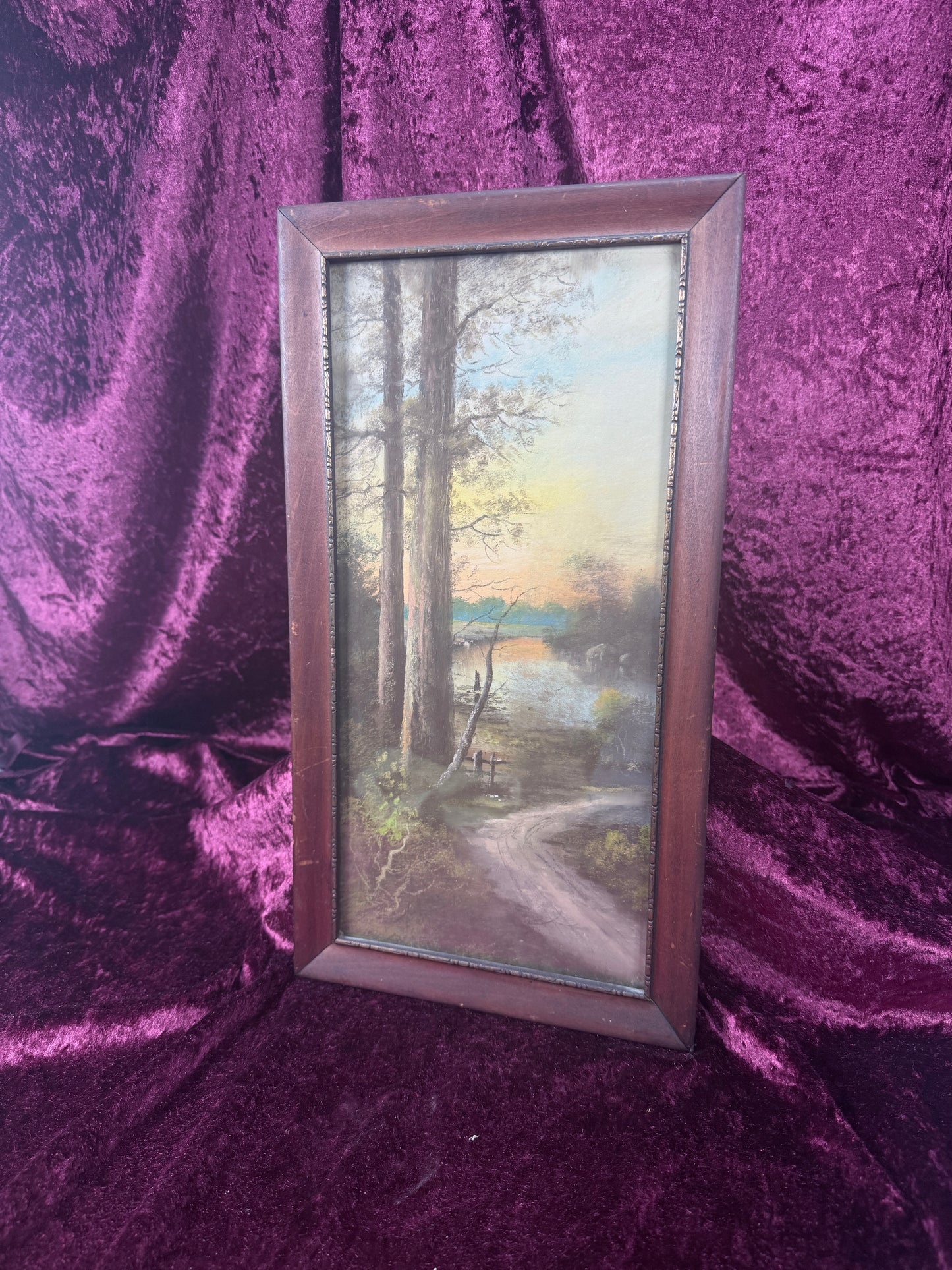 Antique Framed Chalk Pastel Landscape – Signed Woodland Lake Sunset