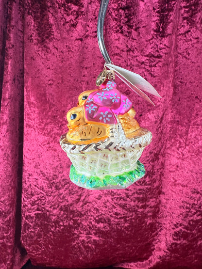 Vintage Christmas - Handblown Glass Ornament - Spring Chicks In Easter Basket - Christopher Radko - 2001