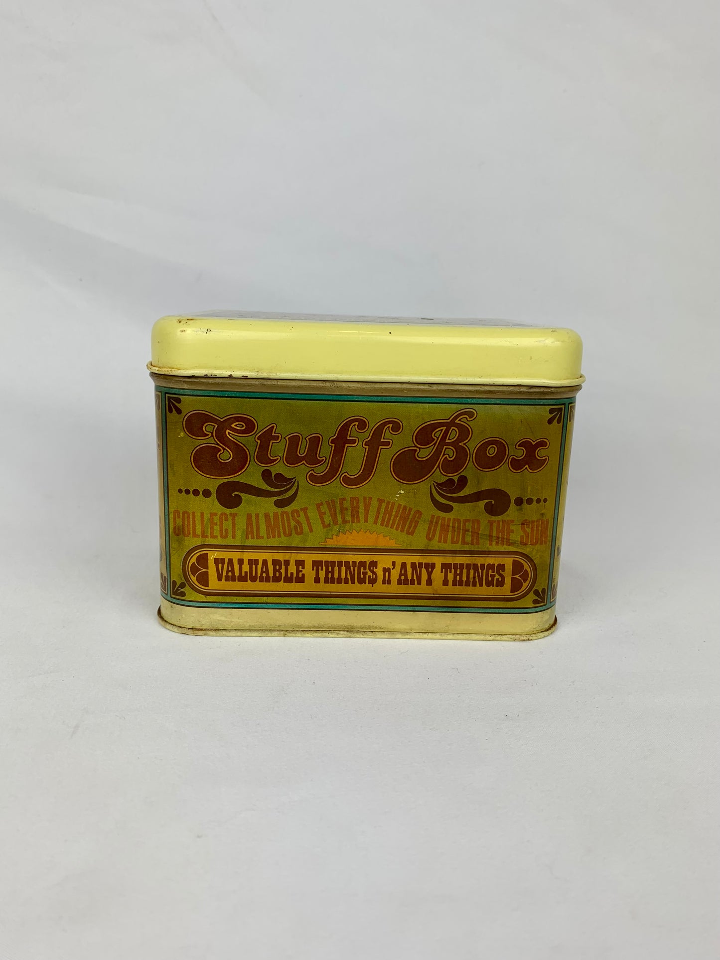 1970s Cheinco Lidded Metal Stuff Box Tin- Vintage Style Advertisement Graphics