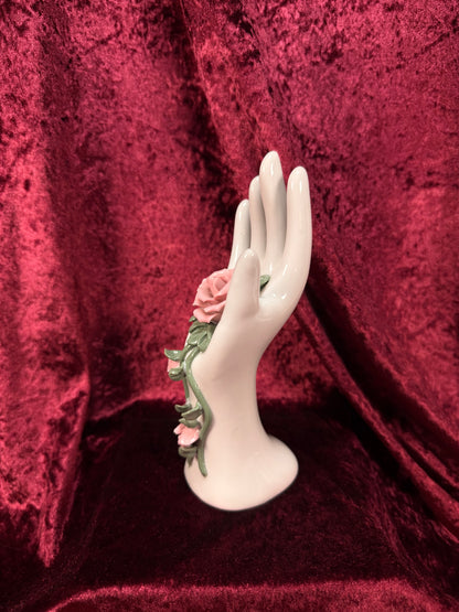 Vintage Porcelain Hand Ring Holder – Pink Rose Vanity Display
