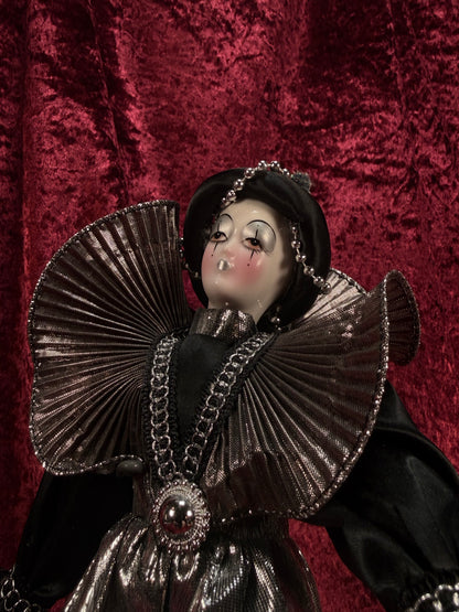 Vintage Silvestri Porcelain Pierrot Doll – Silver Metallic Black Harlequin Figure
