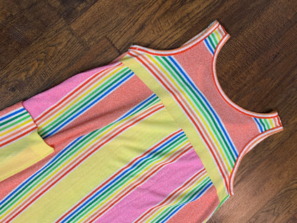 Vintage 1990s Terrycloth Beach Cover Up Dress - Rainbow Pinstripe - Small