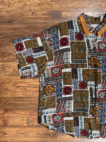Vintage Clothing - Collared Button Up Short Sleeve Shirt - Mosaic Tiles Print - X-Large - Placements