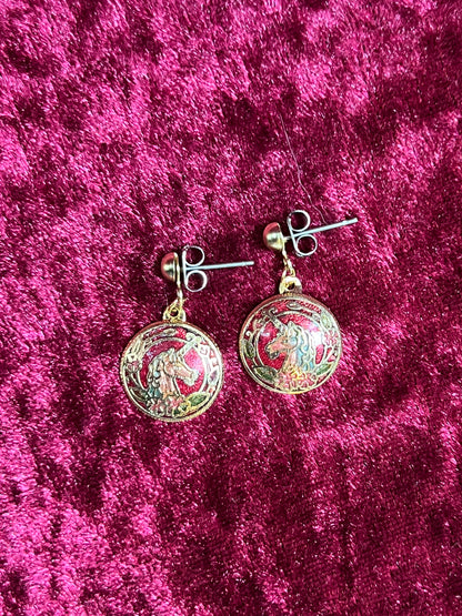 Vintage Jewelry - Earrings - Cloisonné - Unicorns - Made In Taiwan R.O.C.
