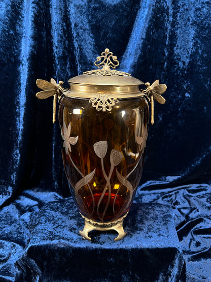 Vintage Art Nouveau Revival Opium Jar - Etched Poppies on Amber Glass - Castilian Poland