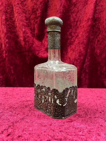 Vintage Barware - Antique 18th Century Etched Glass Decanter - Silver Repousse - German