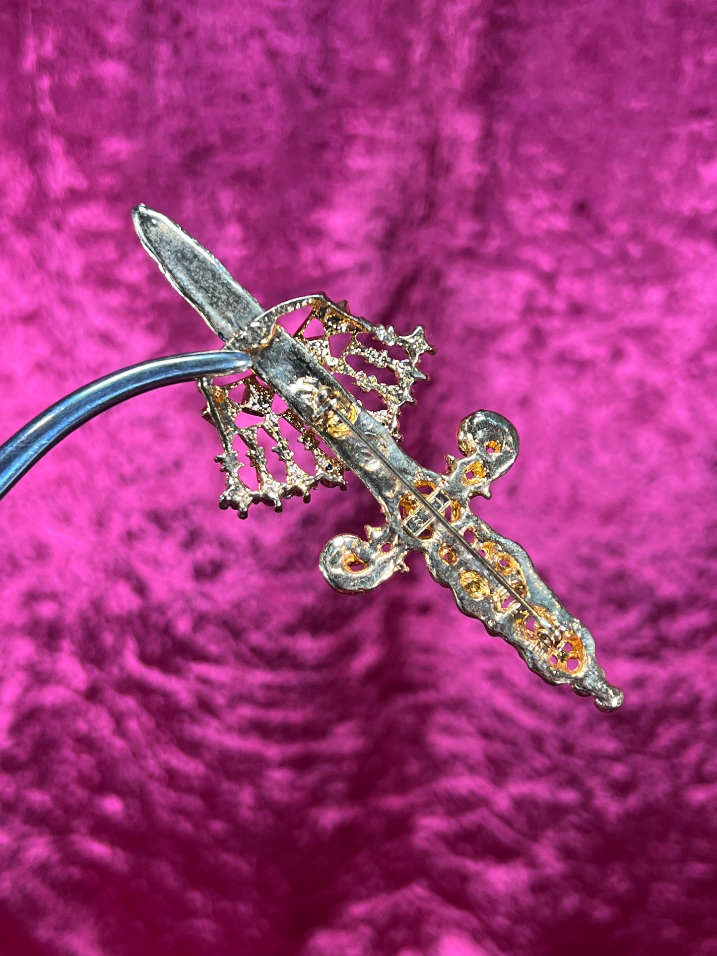 Vintage Jewelry - Brooch - Sword and Crown - Mixed Tone Metals and Clear Rhinestones - L-S