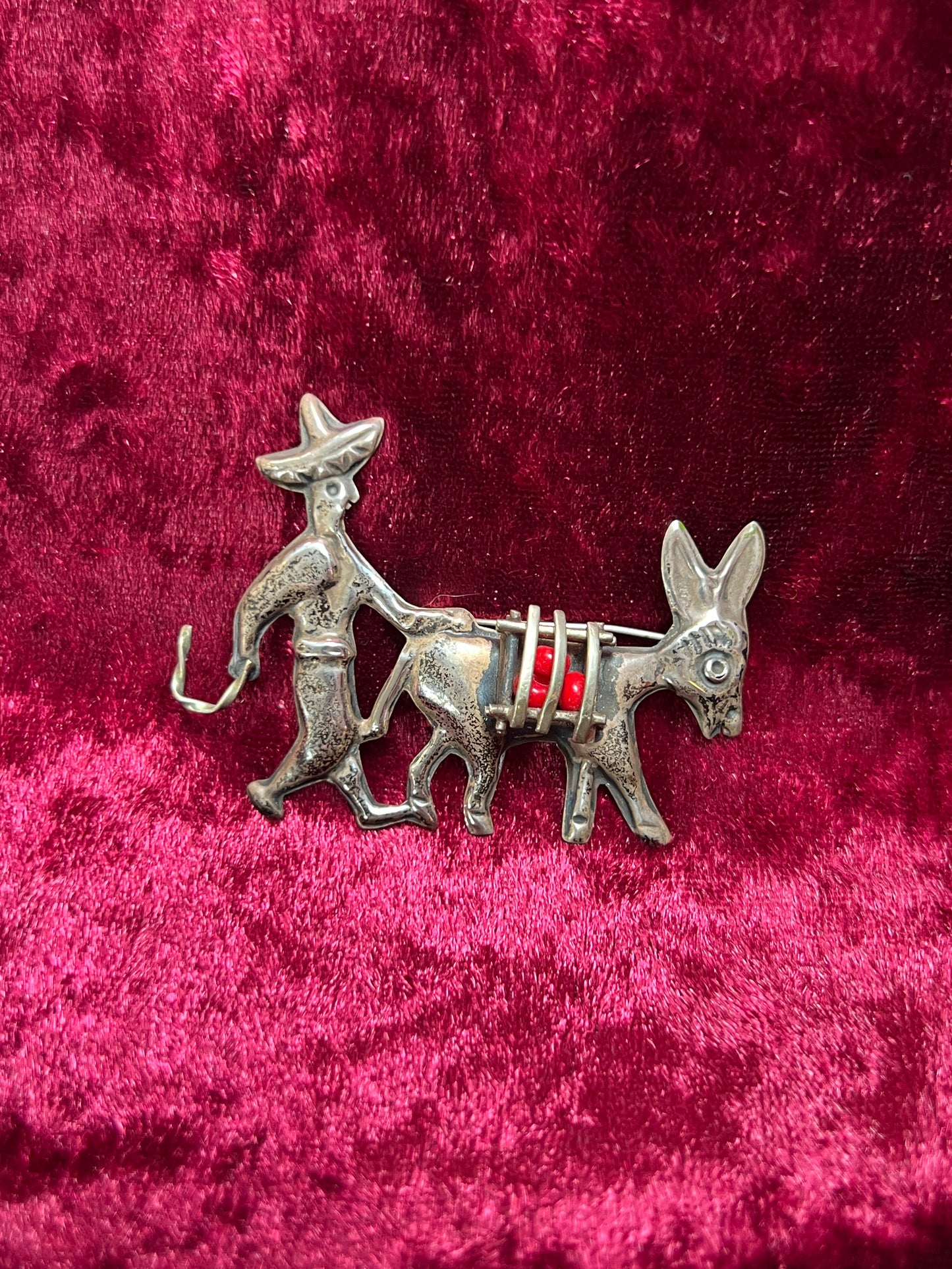 Vintage Jewelry - Brooch - Sterling Silver - Donkey and Minder - Mexico