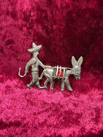 Vintage Jewelry - Brooch - Sterling Silver - Donkey and Minder - Mexico
