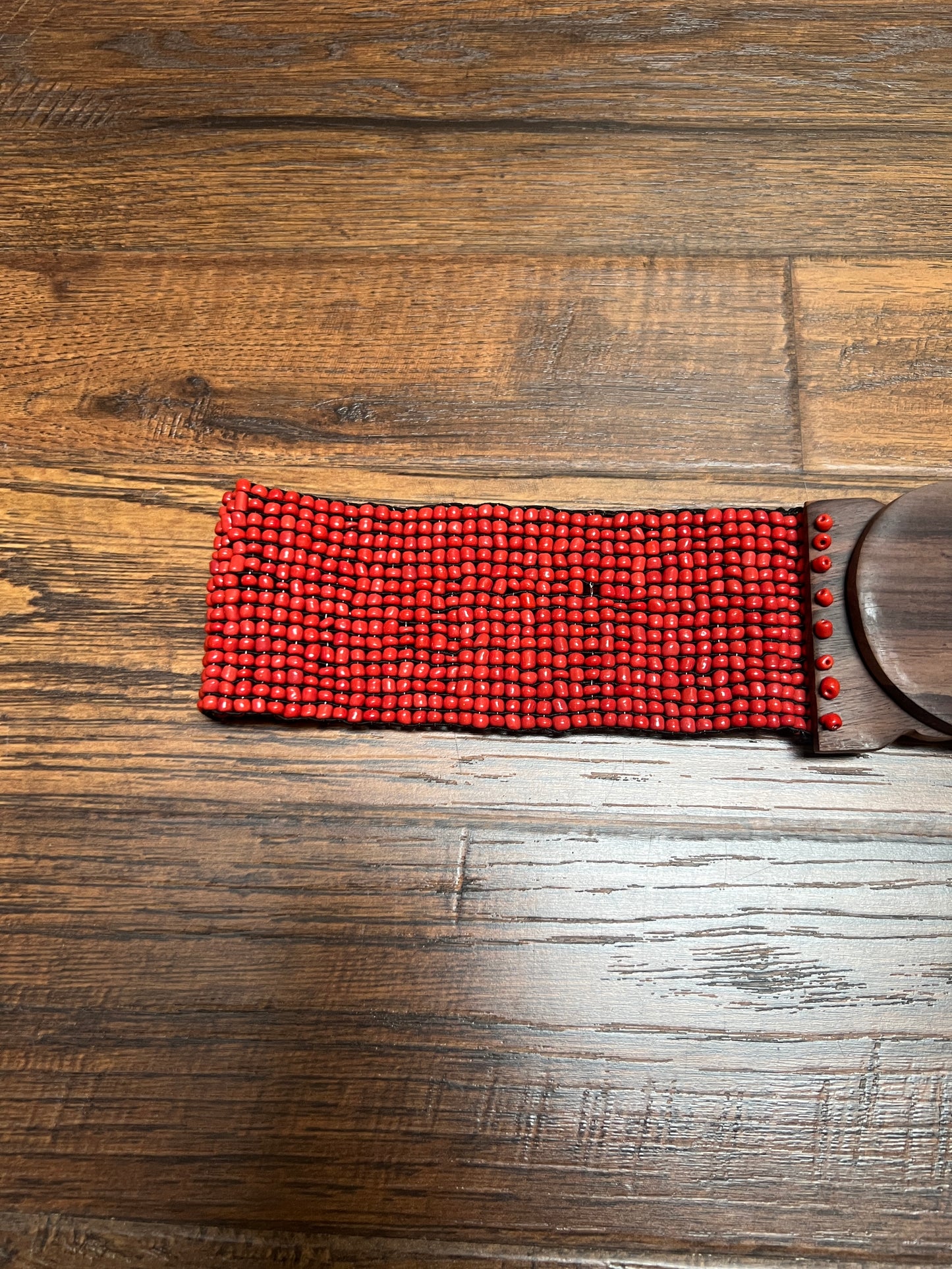 Vintage Style Accessories - Glass Seed Beaded Waist Belt with Wood Buckle - Red - 31.5"