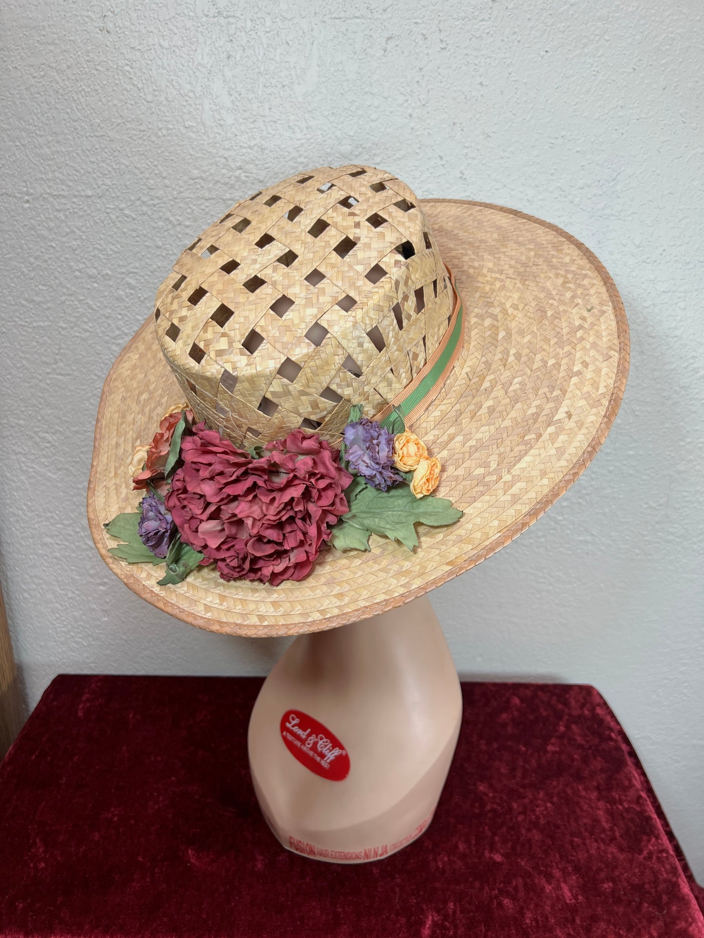 Vintage Accessories - Straw Sun Hat - Faux Flowers on Ribbon - Medium - The Hat Factory