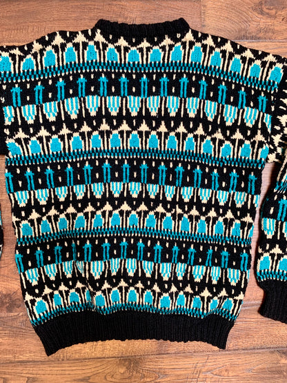 Vintage Crewneck Knit Sweater - Turquoise, Black, Cream -Medium