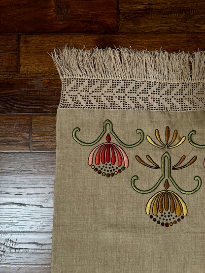Vintage Linen Table Runner - Hand Embroidered Art Deco Florals Crochet Lace Fringe
