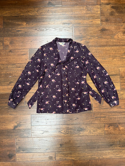 Vintage Clothing - 1970s Polyester Tie-Neck Blouse - Flower Clusters on Purple - Ecco Bay - Medium