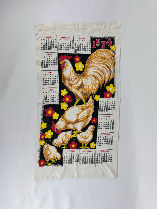 1974 Groovy Flower Rooster Hen and Chicks - Tea Towel Calendar