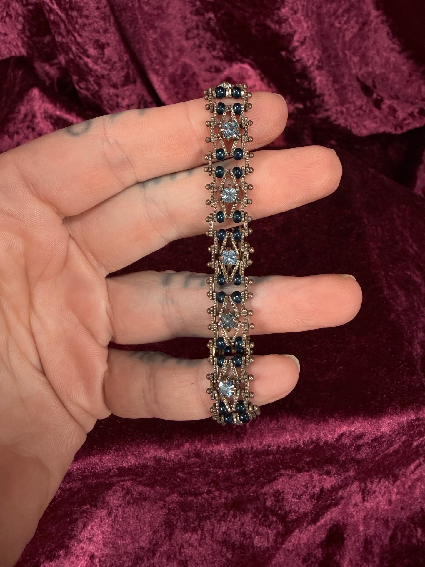 Vintage Silver Tone Rhinestone Bracelet - Two Tone Blue Crystal Beaded Design