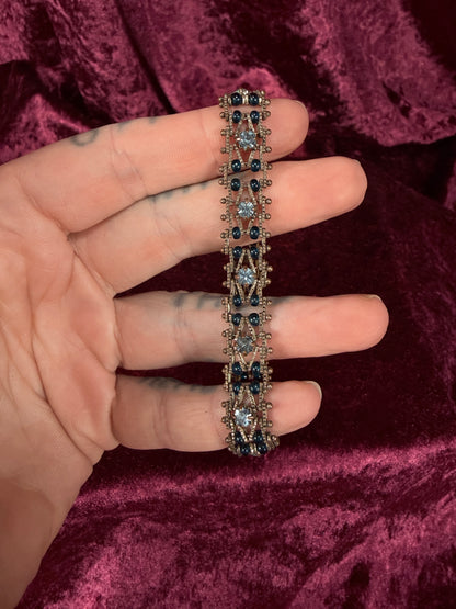Vintage Silver Tone Rhinestone Bracelet - Two Tone Blue Crystal Beaded Design