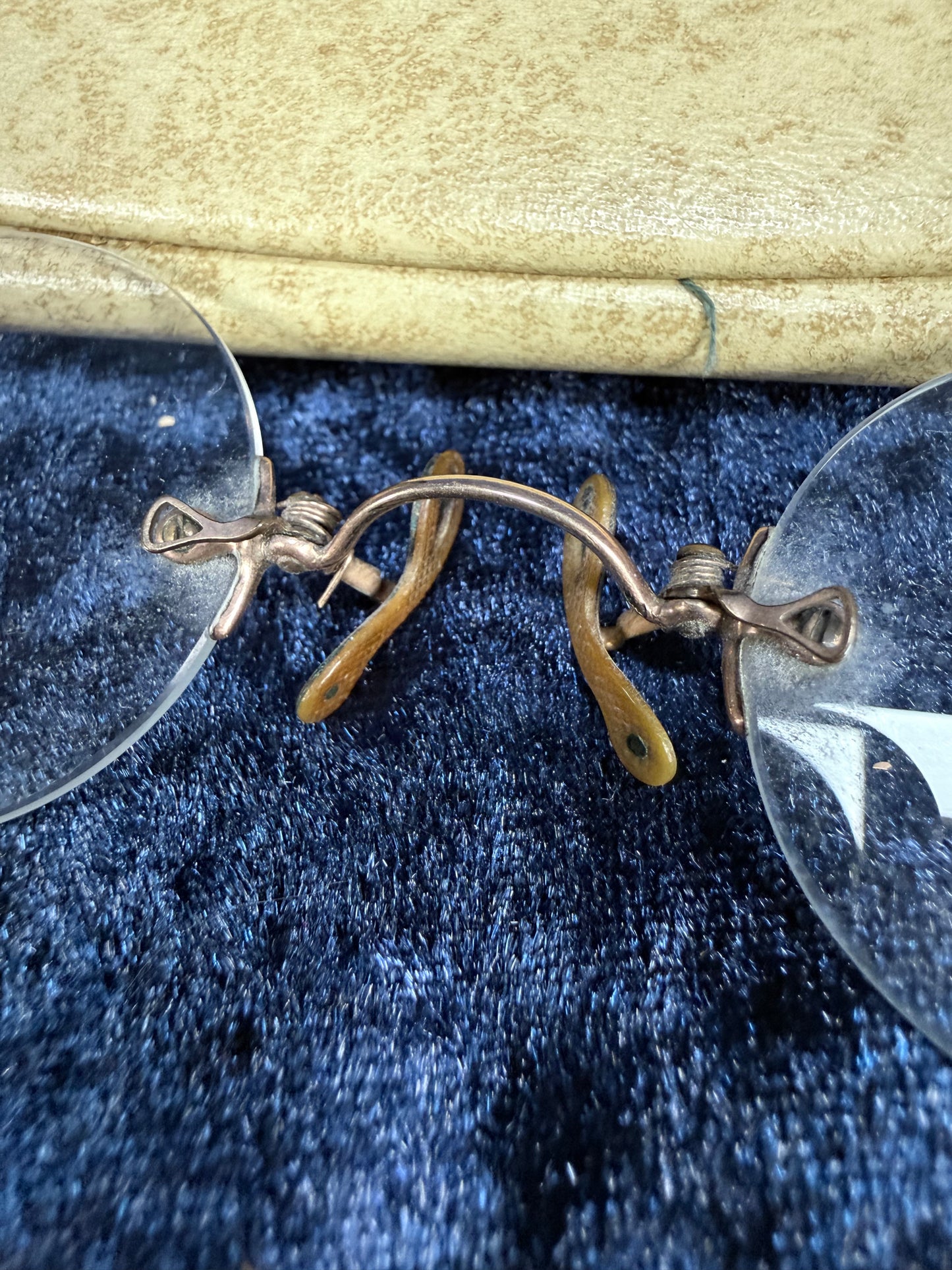 Antique Metal Jewel Pince-Nez Eyeglasses – Retractable Chain Brooch with Case