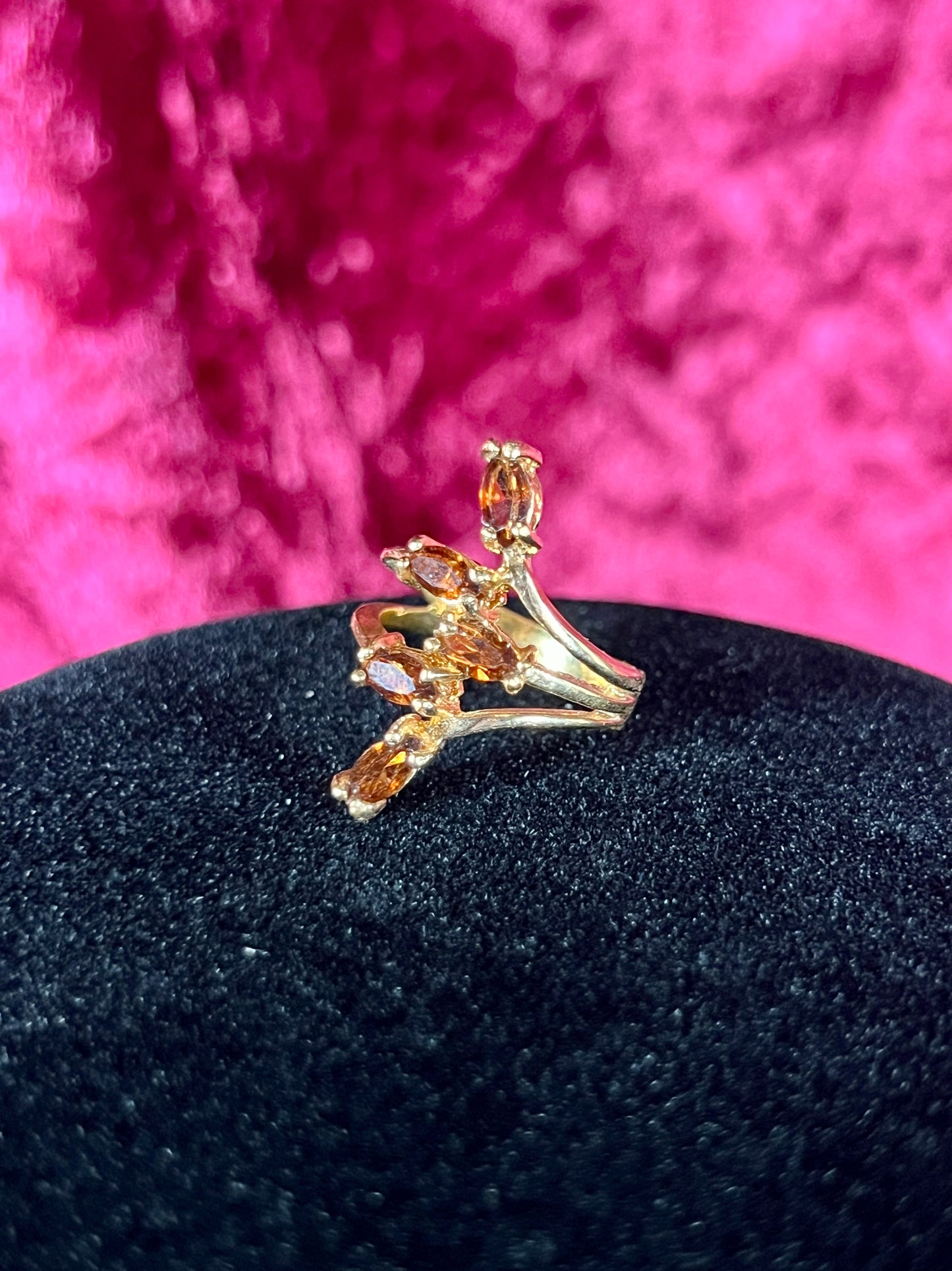 Vintage 18K HGE Cocktail Ring – Marquise Cut Amber Rhinestones - Size 5