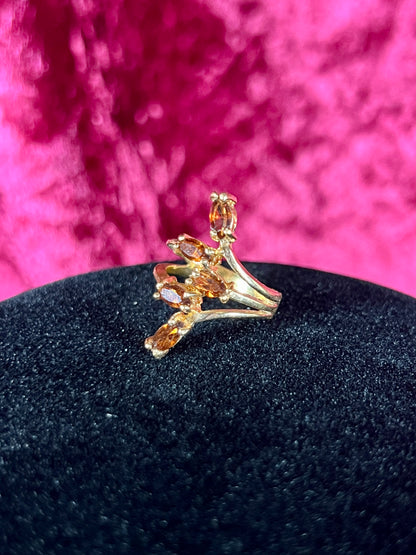 Vintage 18K HGE Cocktail Ring – Marquise Cut Amber Rhinestones - Size 5