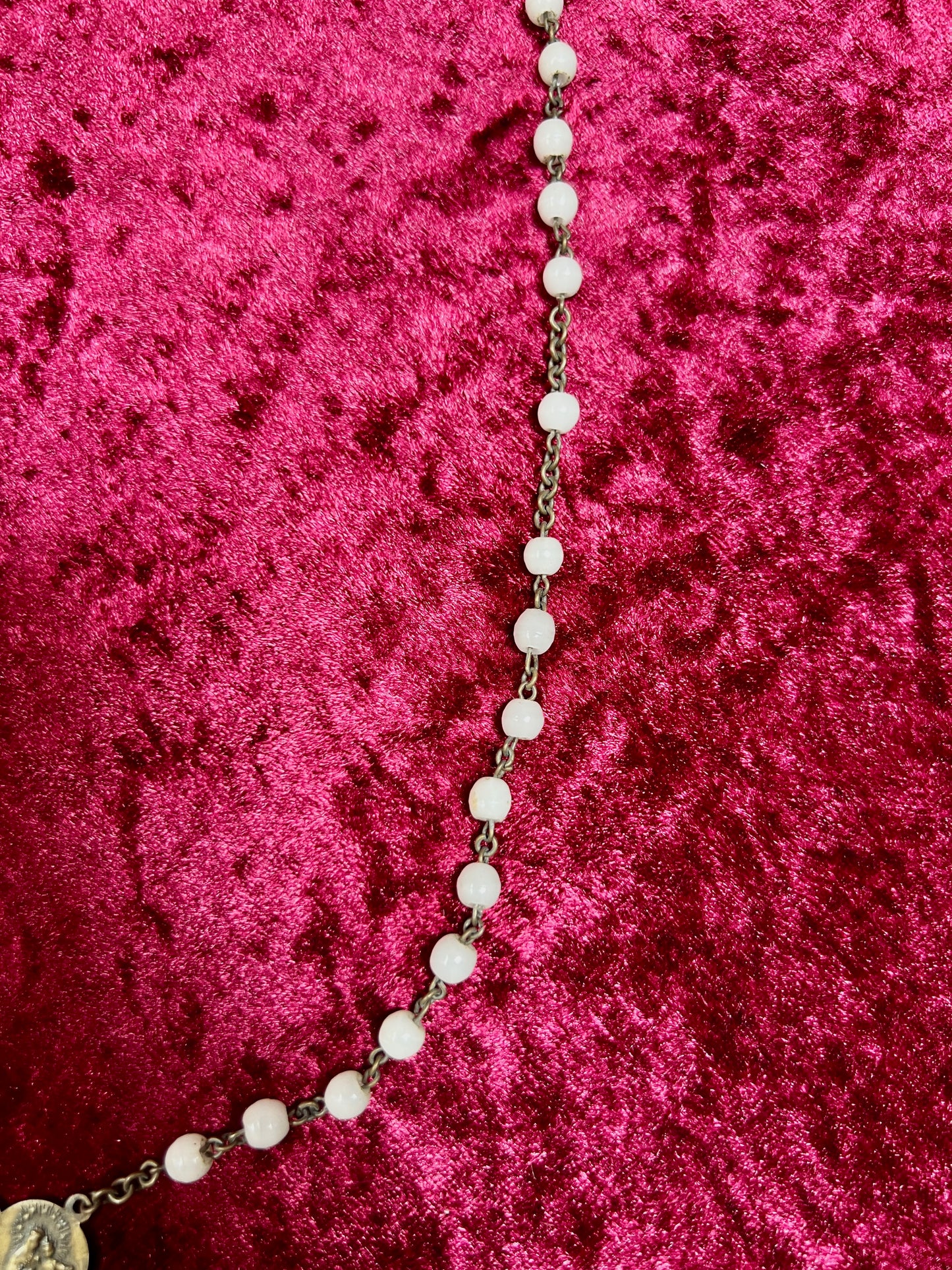Vintage Jewelry - Italian Rosary - Shiny White Beads with Brass Tone Cross - 18"
