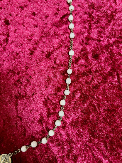 Vintage Jewelry - Italian Rosary - Shiny White Beads with Brass Tone Cross - 18"