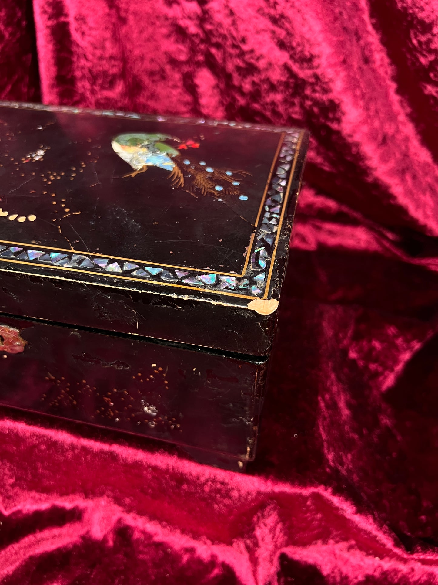 Vintage Black Lacquer Jewelry Box - Mother of Pearl Painted Peacock Vanity Chest