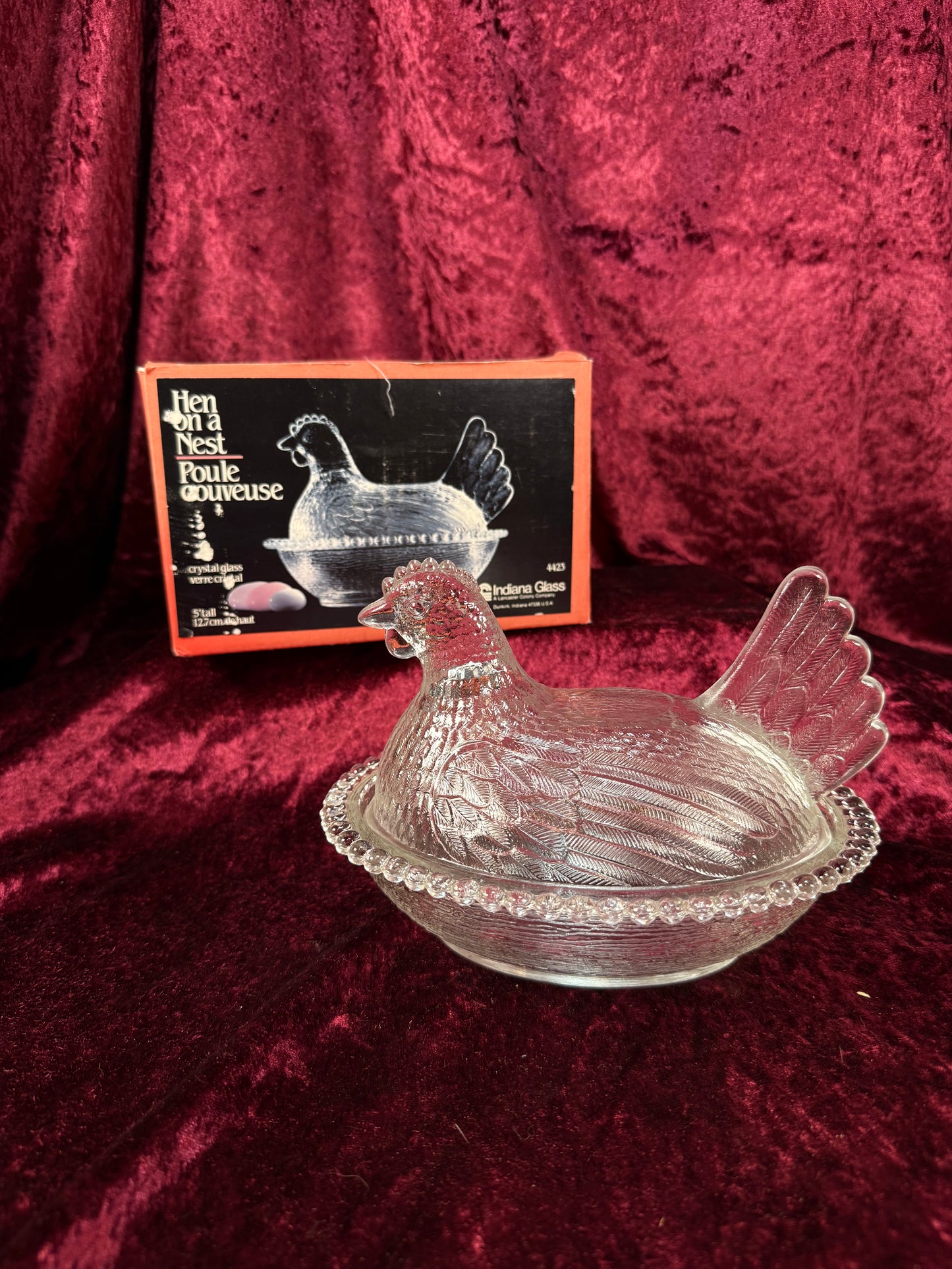 Vintage Crystal Glass Hen on Nest Dish – Beaded Rim Covered Candy Bowl with Original Box