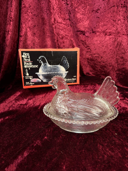 Vintage Crystal Glass Hen on Nest Dish – Beaded Rim Covered Candy Bowl with Original Box