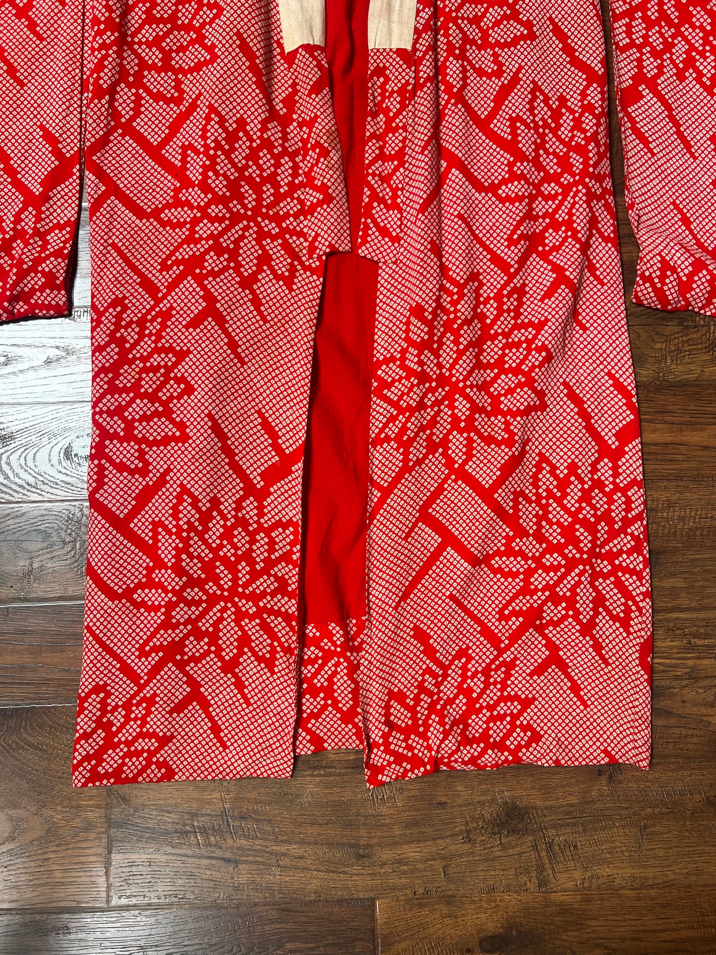 Vintage Clothing - Hand Sewn Kimono Robe - Red Floral Grid - Crepe Silk - OS