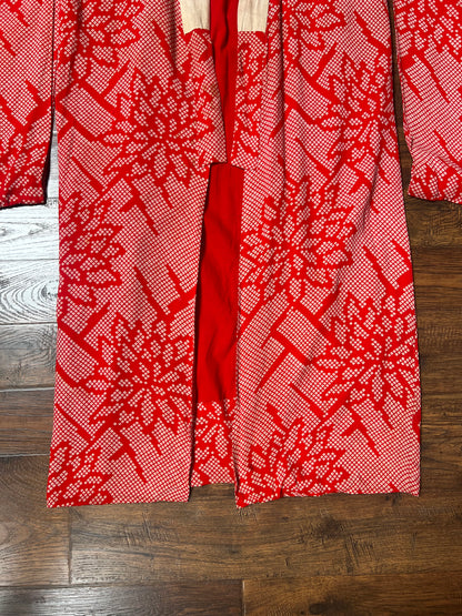 Vintage Clothing - Hand Sewn Kimono Robe - Red Floral Grid - Crepe Silk - OS