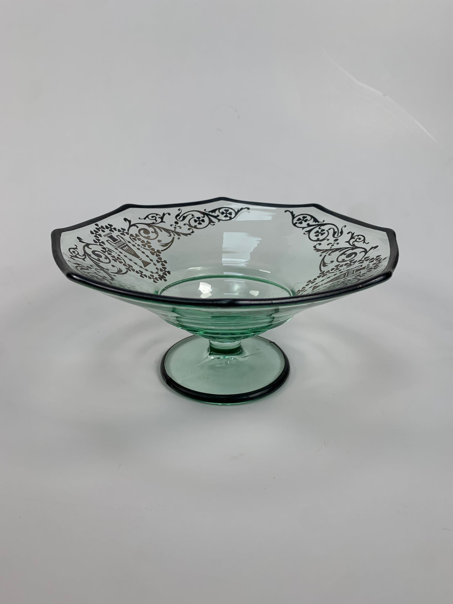 Vintage Pedestal Candy Dish - Green Glass with Sterling Silver Overlay - Ornate Grecian Urns