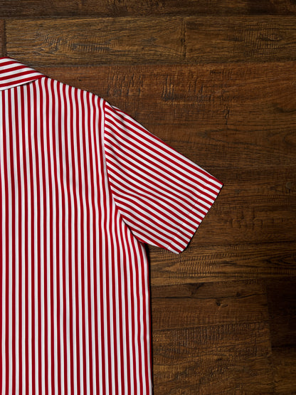 Vintage Liz Baker Petite Polyester Blouse – Red & White Striped Button Up – Large