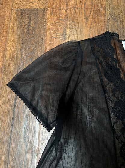 Vintage Night Winks Bed Jacket -  Sheer Black with Floral Lace Open Front - Medium