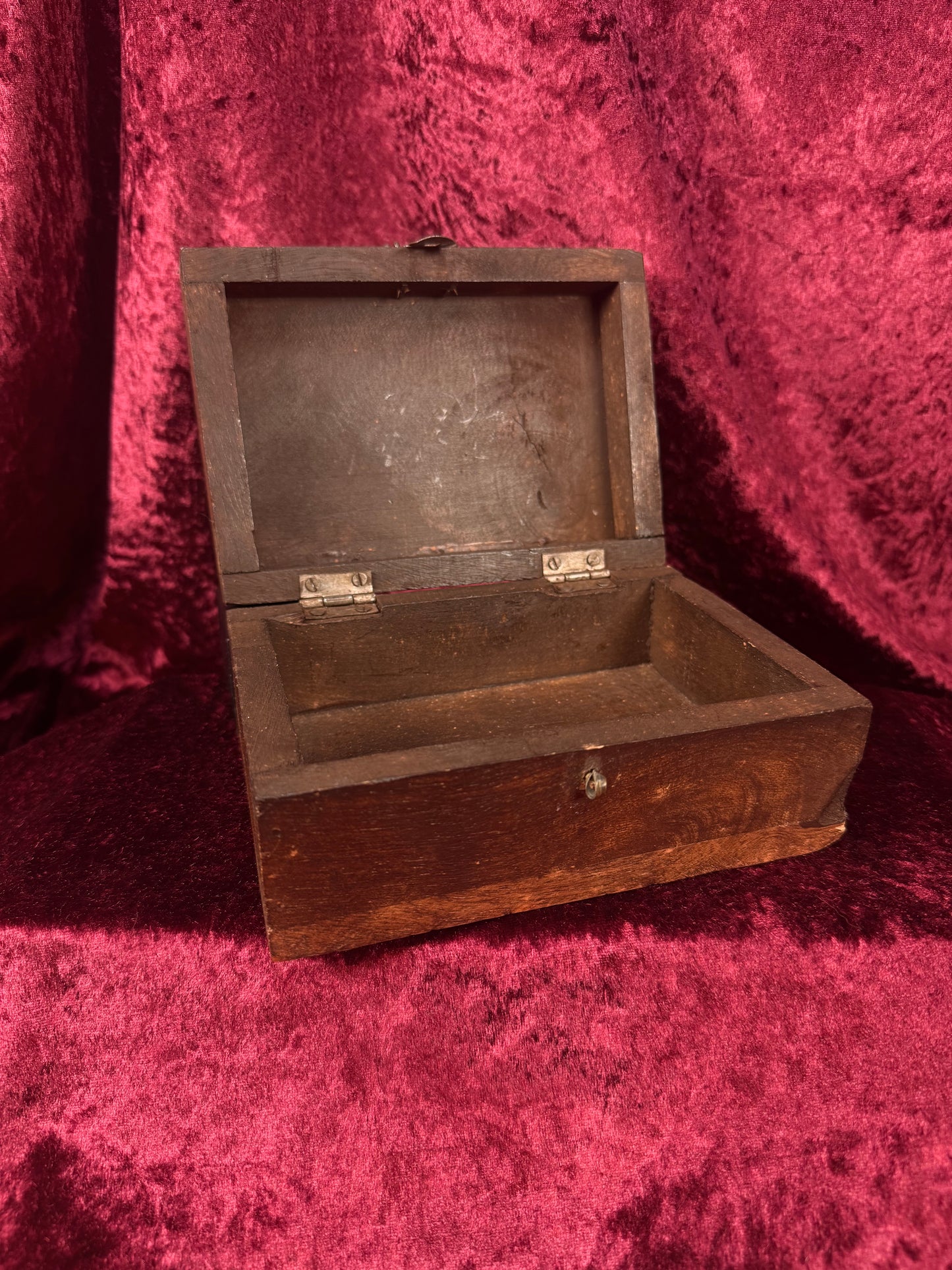 Vintage Dark Wood Trinket Storage Box – Geometric Metal Inlay - Lockable Lid