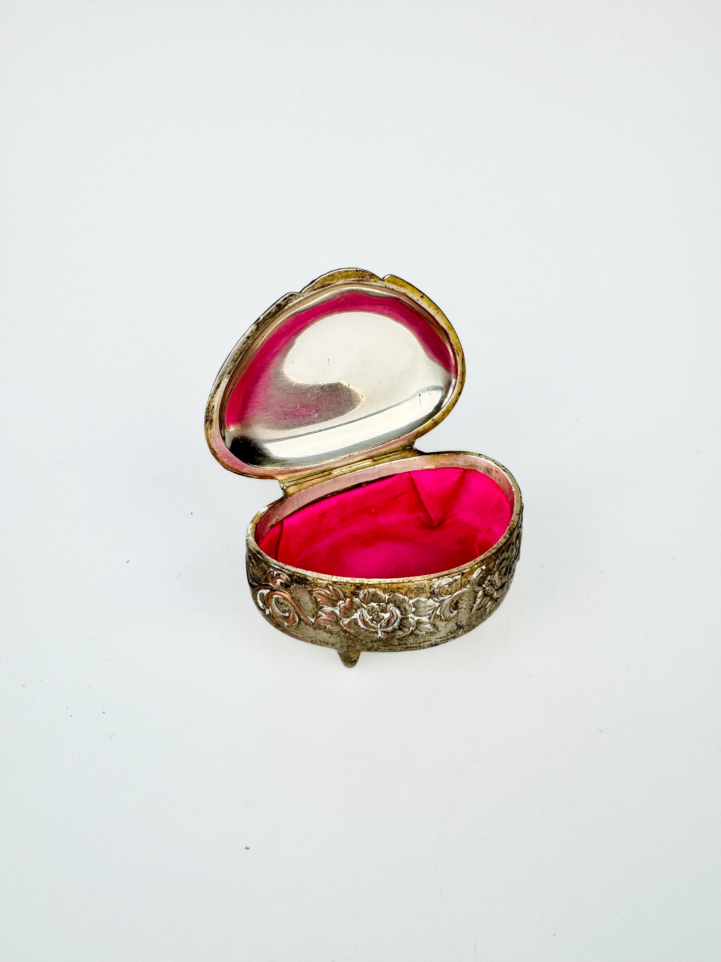 Vintage Silver Plate Peacock & Camelia Flowers Footed Trinket Box - Hot Pink Lining - Made In Occupied Japan