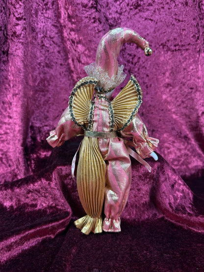 Vintage Porcelain Pierrot Doll – Pink and Gold Metallic Harlequin Figure