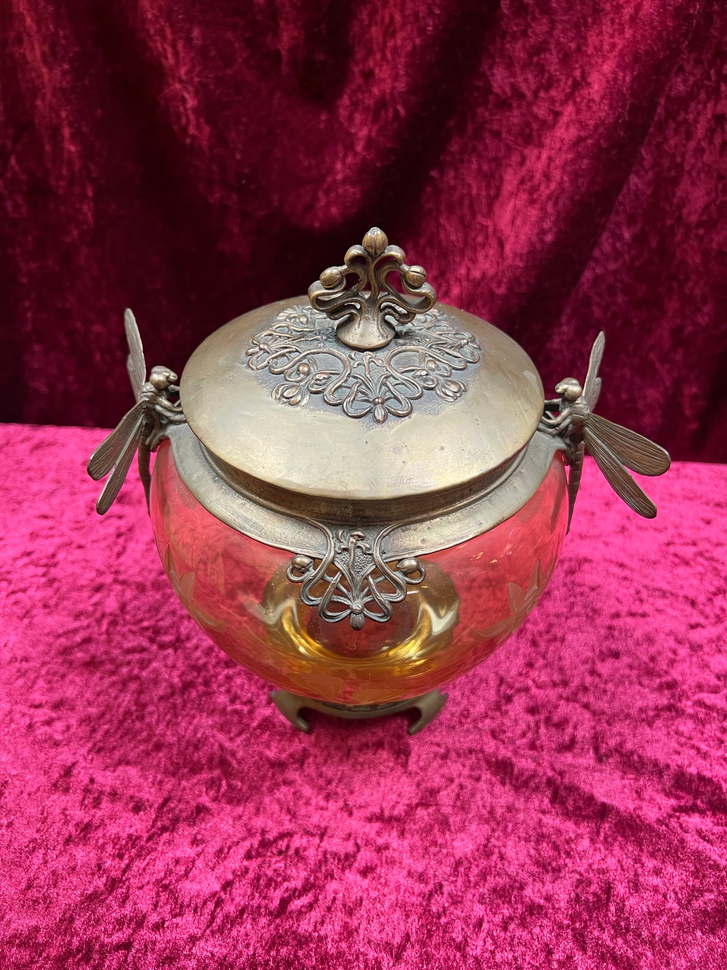 Vintage Oddities - Antique Art Nouveau Opium Jar - Etched Amber Glass - Castilian Poland