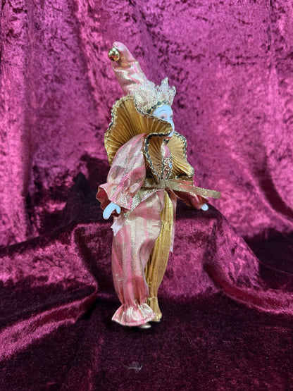 Vintage Porcelain Pierrot Doll – Pink and Gold Metallic Harlequin Figure
