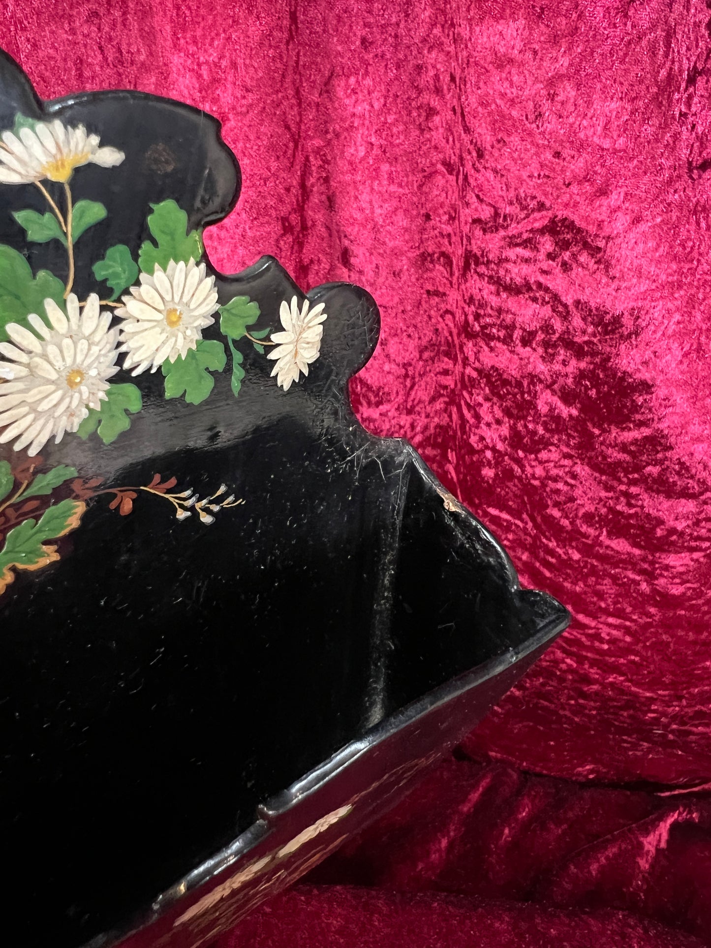 Antique Papier Mache Wall Pocket - Victorian Black Lacquer Painted White Flowers