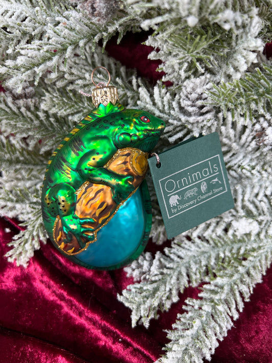 Vintage Christmas - Handblown Glass Ornament - Bright Green Lizard - Ornimals by Discovery Channel - Poland