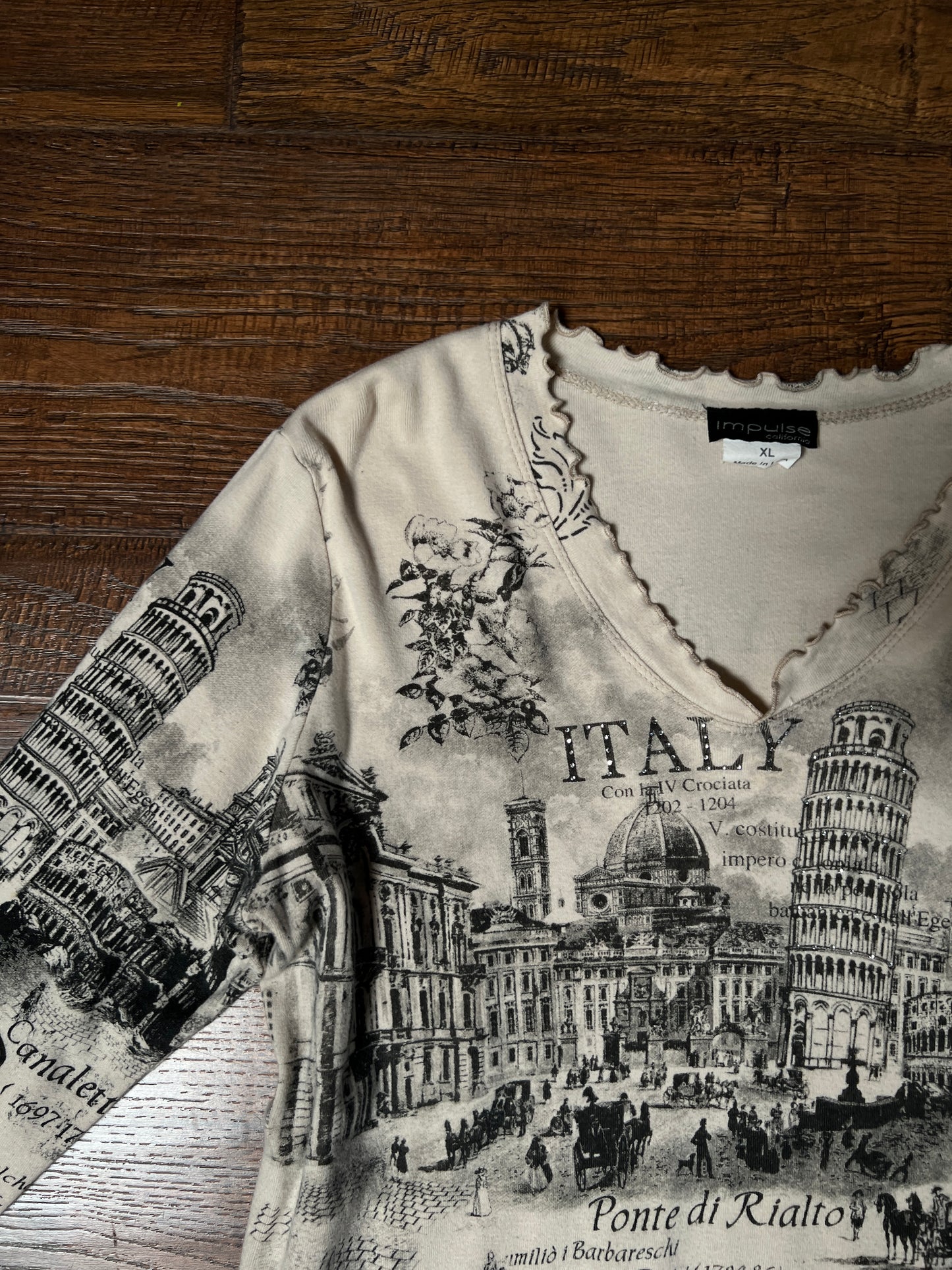 Vintage Impulse California Cotton Graphic Top — Scenic Italy Print Lettuce Hem - X-Large